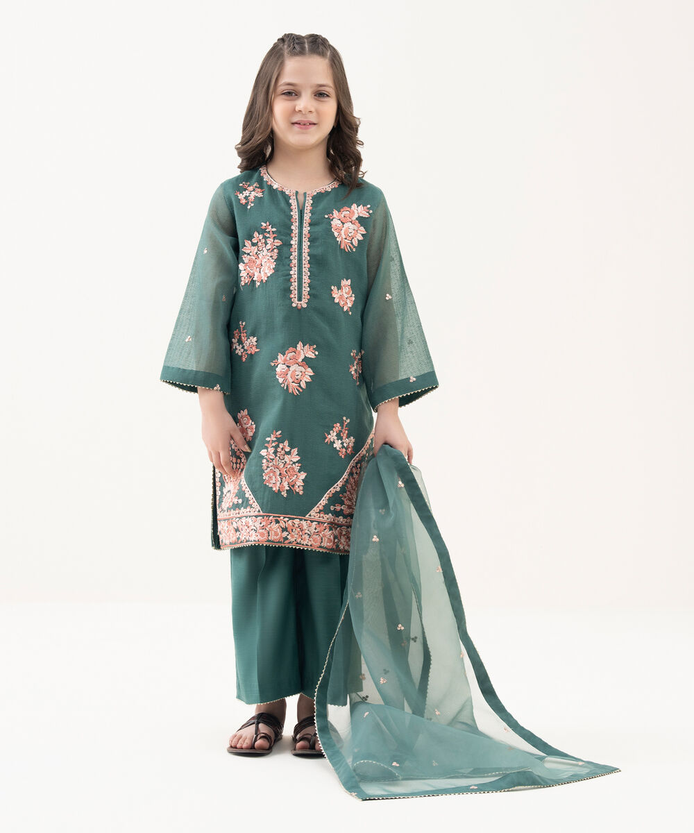 Girl's Blended Textured Karandi Embroidered Green Three Piece Suit