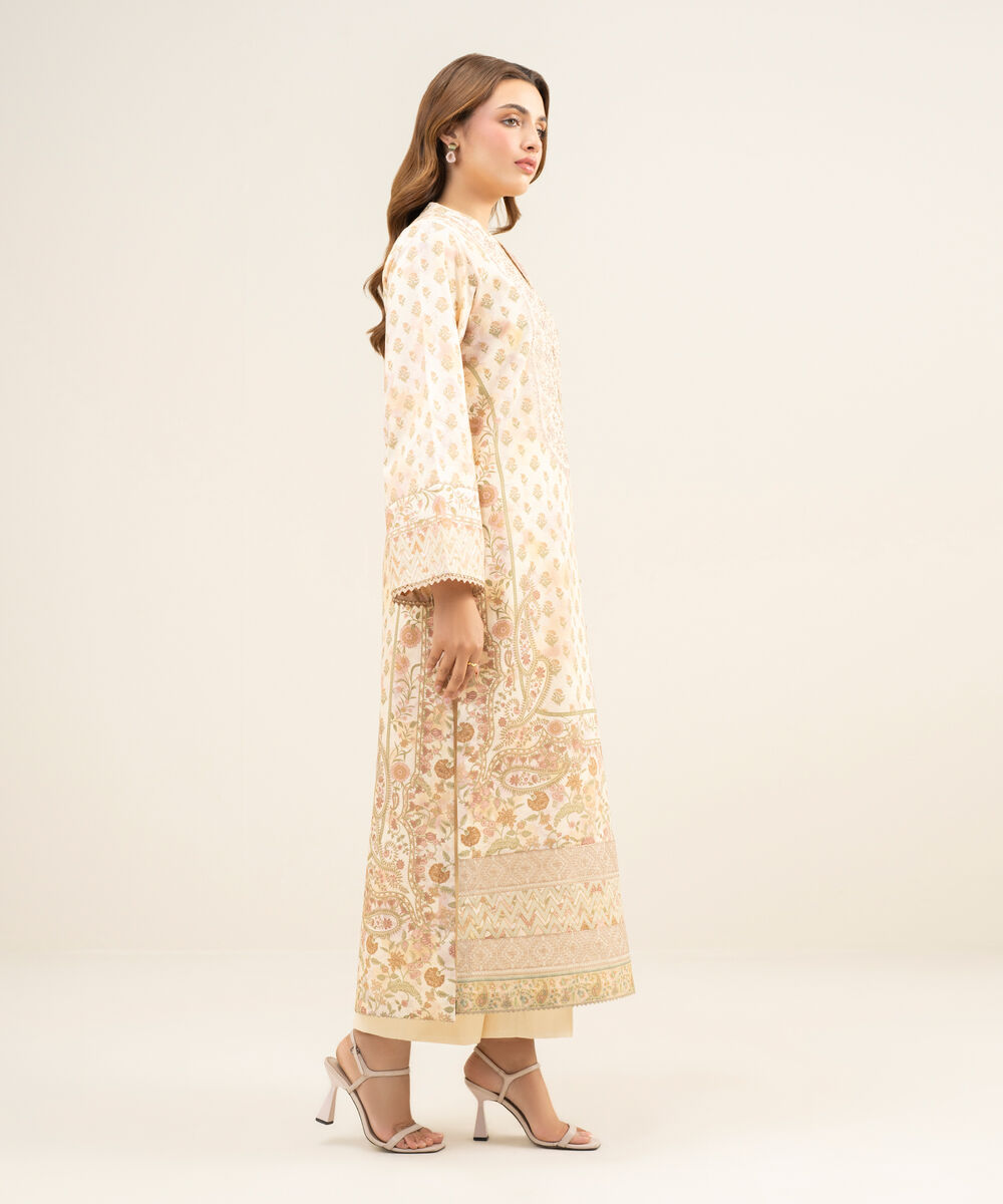 Women's Unstitched Lawn Embroidered Off White and Coral 3 Piece Suit