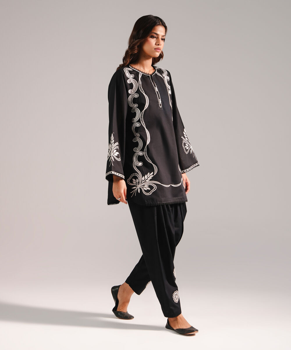 Women's RTW Slub Lawn Embroidered Black Straight Shirt