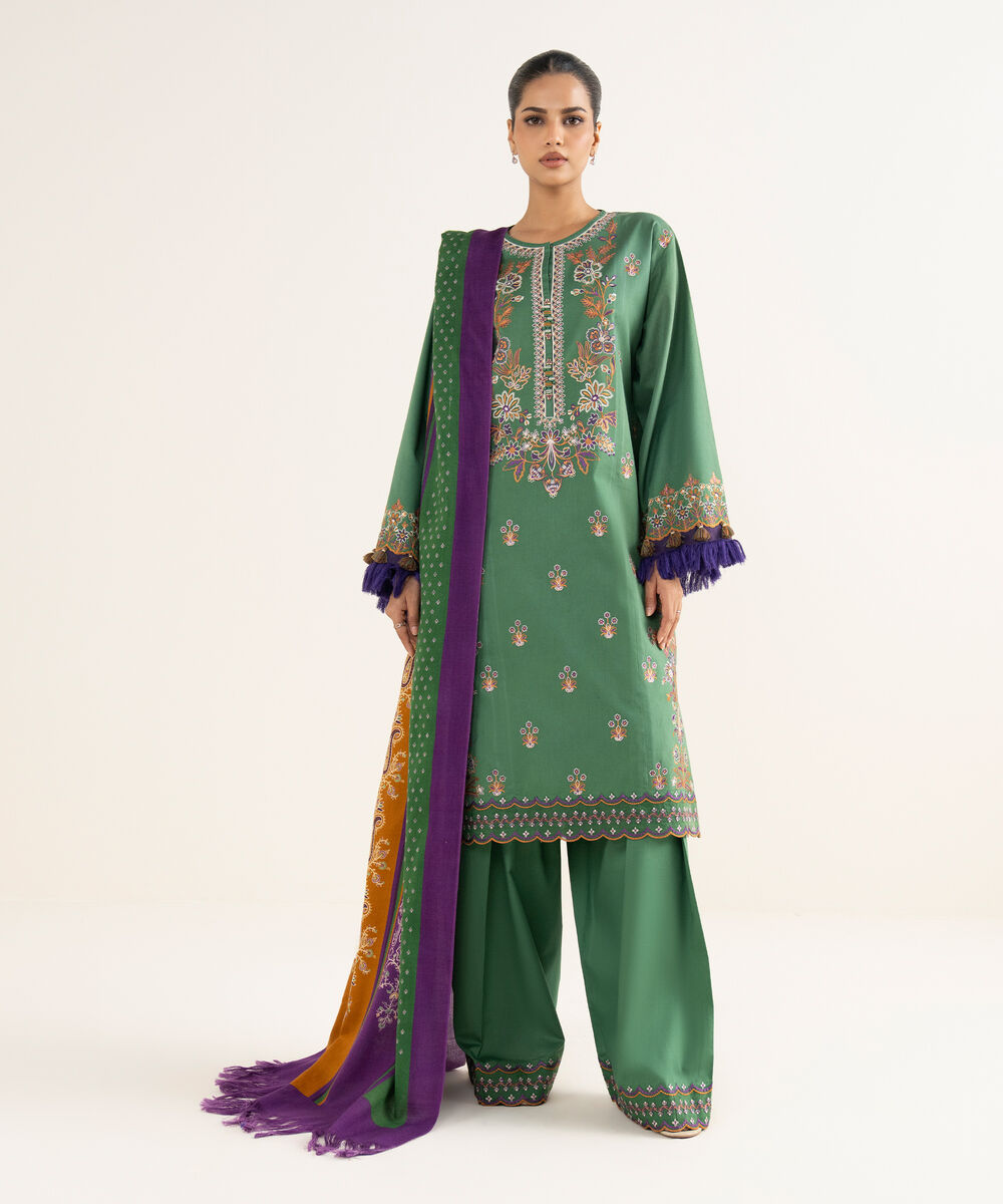 Women's Unstitched Twill Embroidered Green 3 Piece Suit
