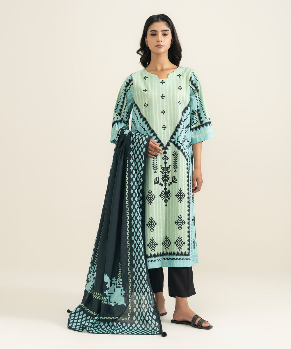 Women's RTW Textured Cotton Printed Green A-Line Shirt