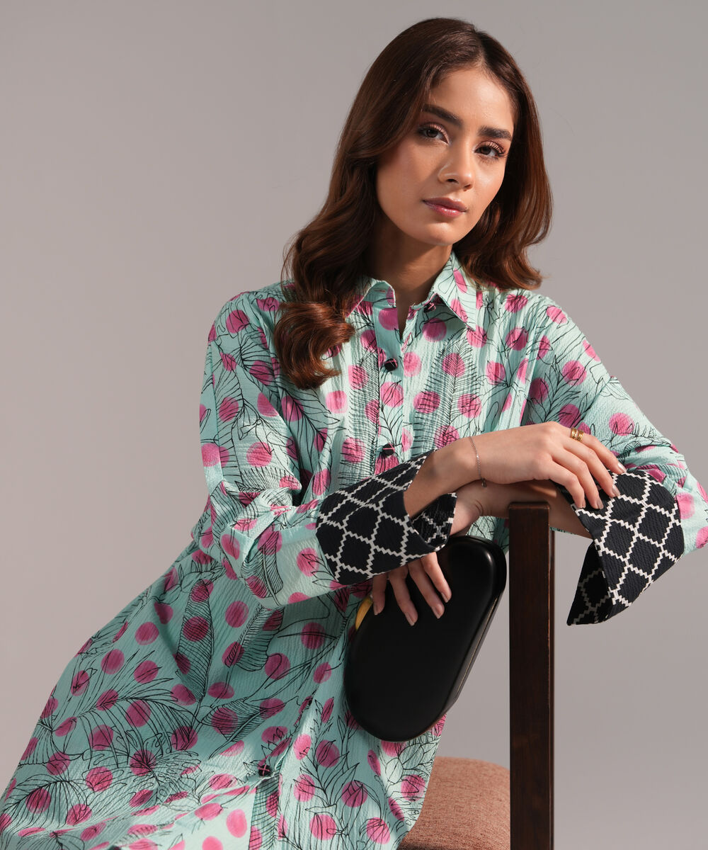 Women's RTW Seersucker Printed Turquoise Drop Shoulder Shirt