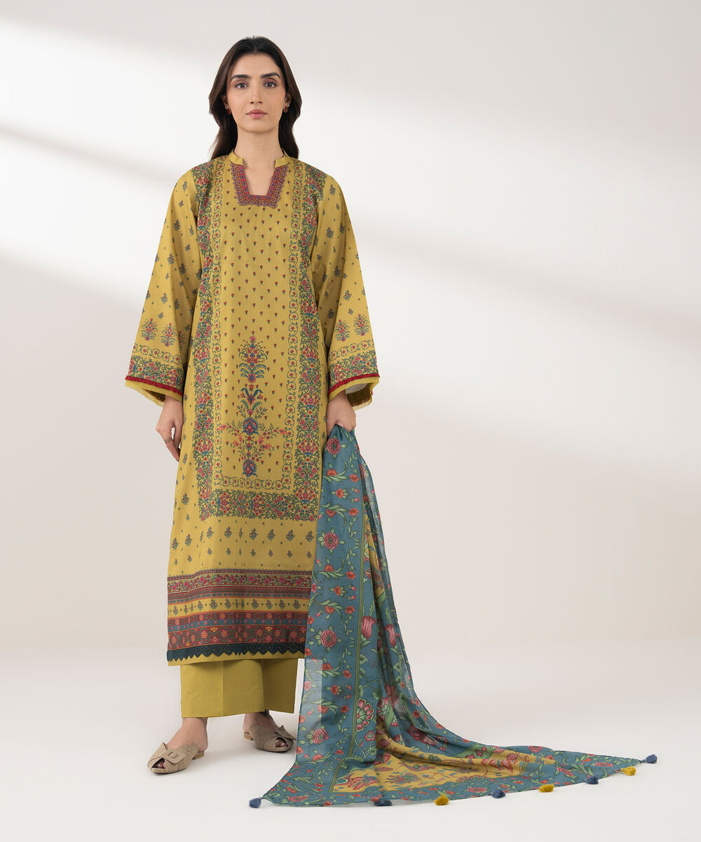 Women's Unstitched Lawn Printed Yellow 3 Piece Suit