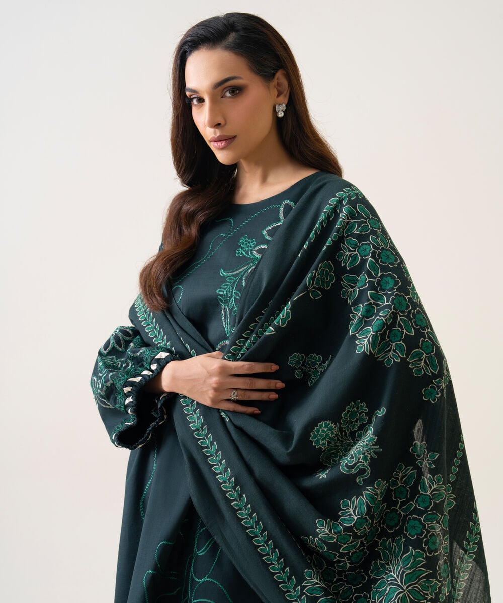 Women's Unstitched Textured Cotton Embroidered Teal 3 Piece Suit