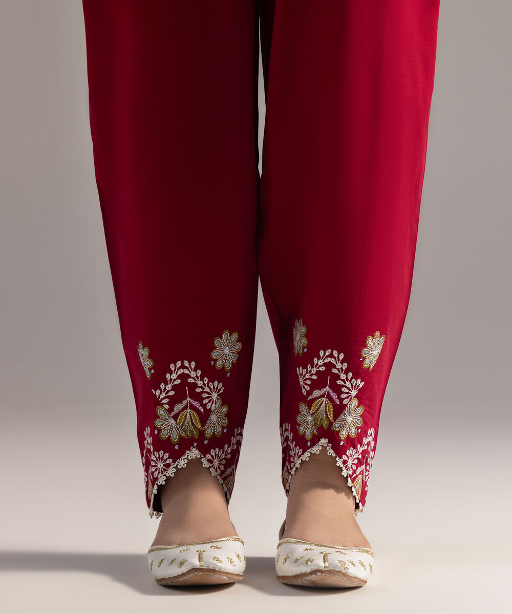 Women's RTW Seersucker Embroidered Red Skinny Shalwar
