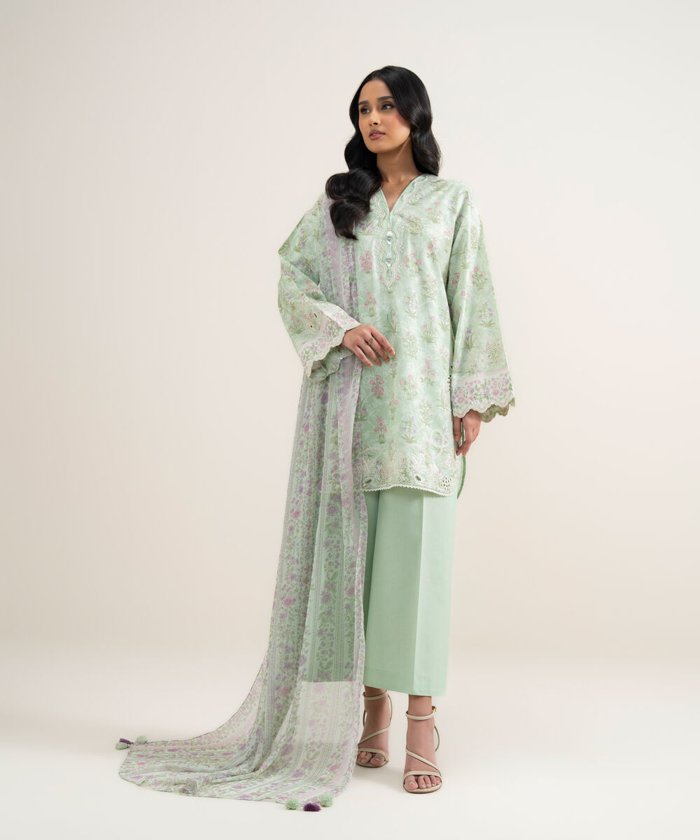 Women's Unstitched Lawn Embroidered Light Mint 3 Piece Suit