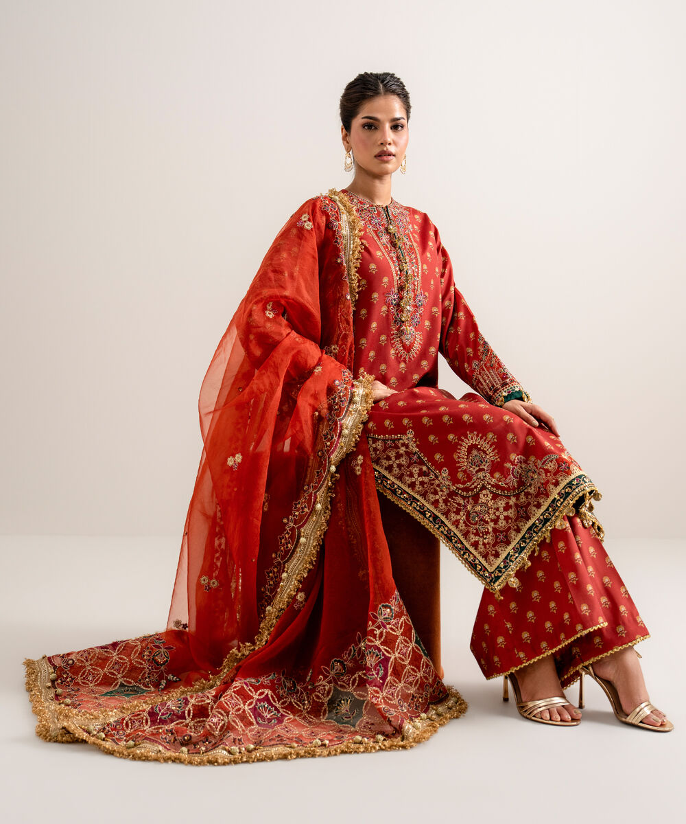 Women's Unstitched Printed Blended Grip Silk Orange 3 Piece Suit