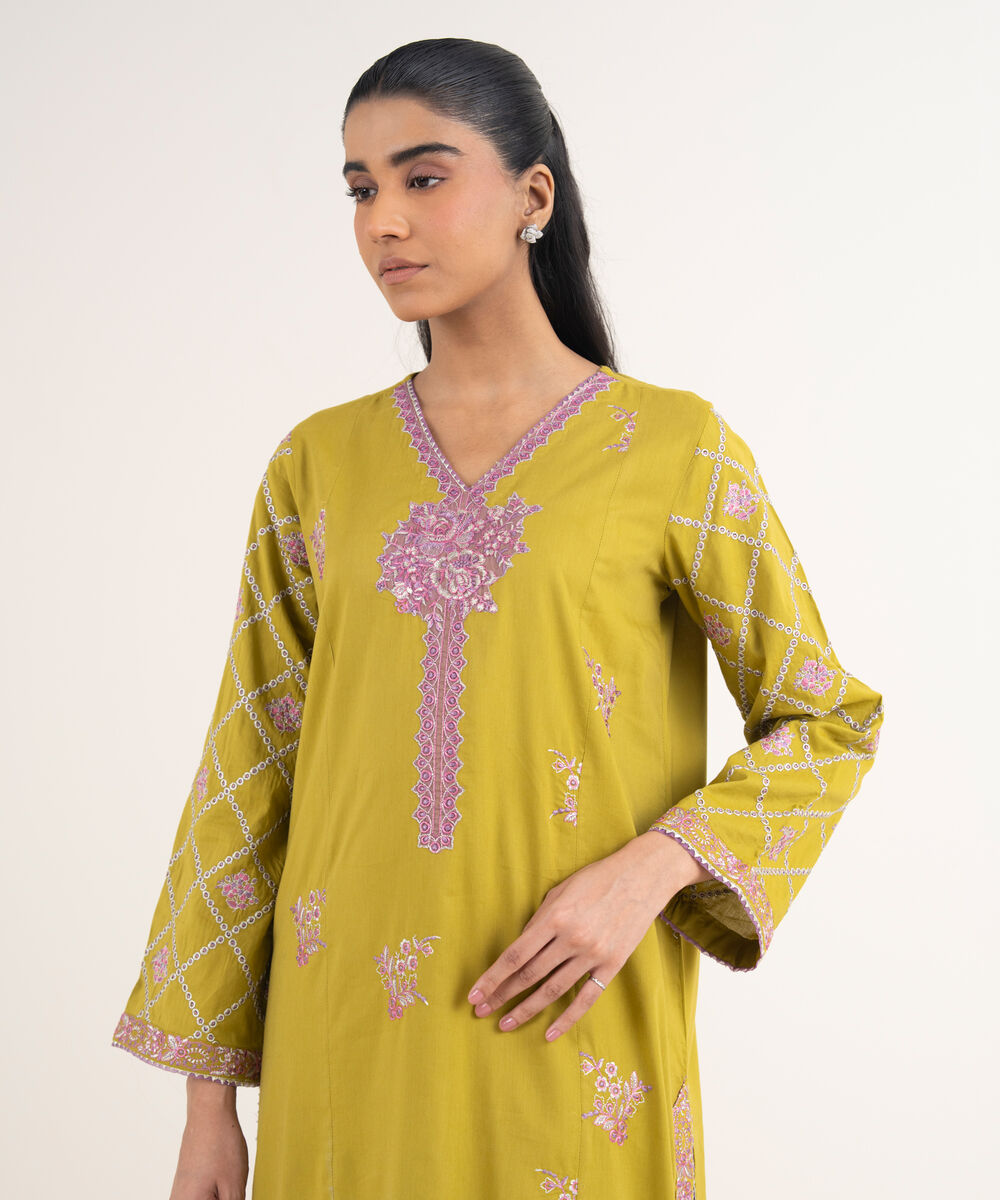 Women's RTW Cotton Viscose Embroidered Green A-Line Shirt