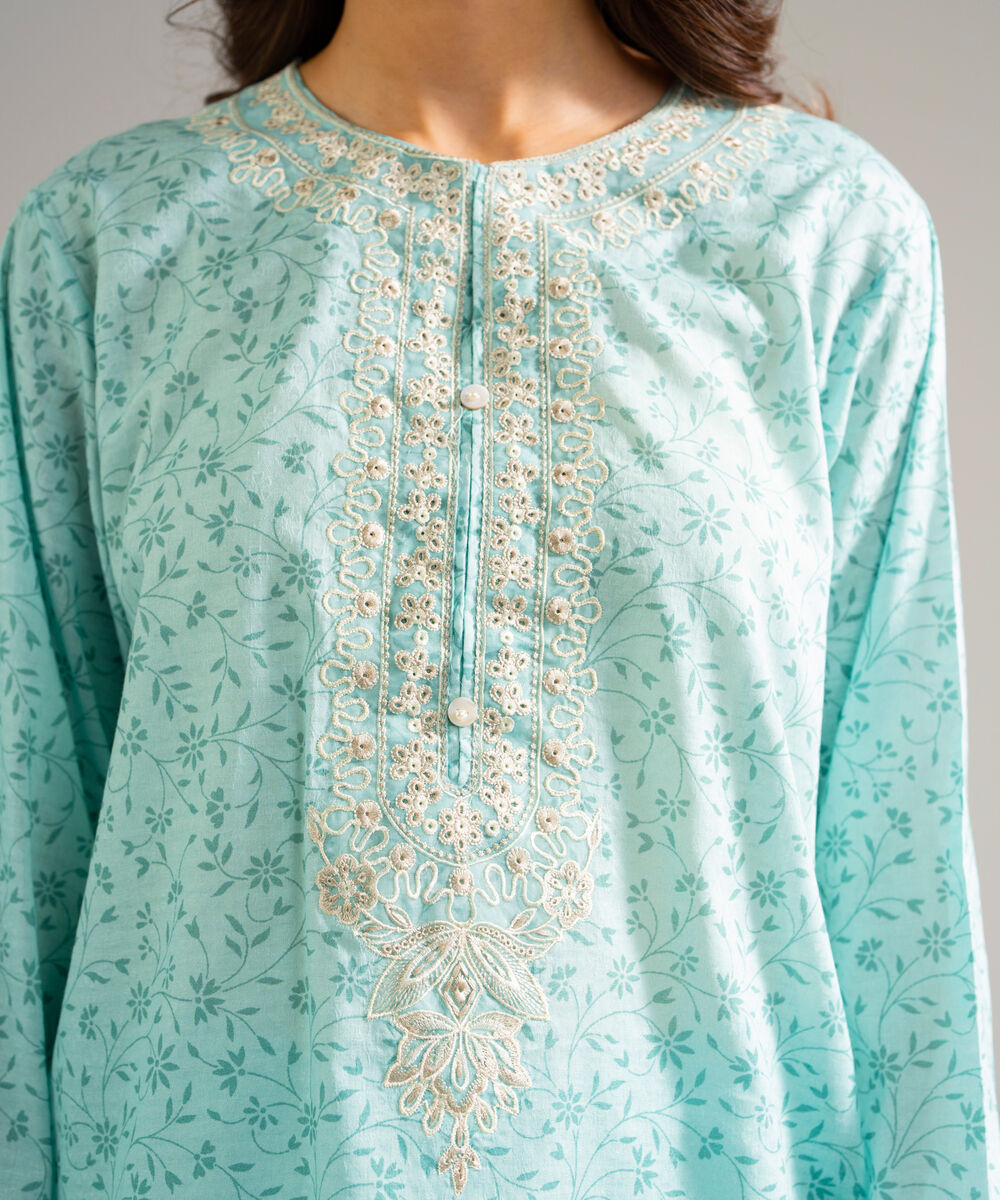 Women's RTW Self Jacquard Embroidered Blue 3 Piece Suit