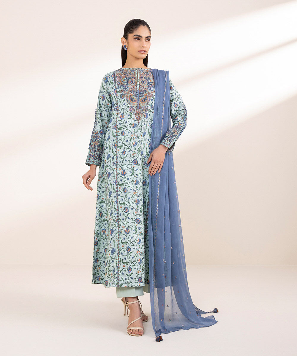 Unstitched Women's Embroidered Lawn Blue Three Piece Suit