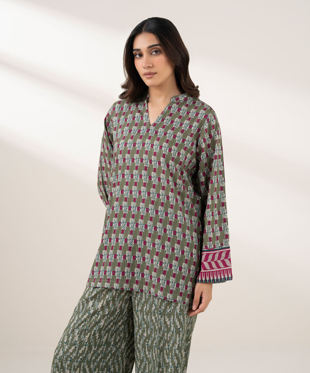 Women's RTW Viscose Linen Printed Straight Green Shirt