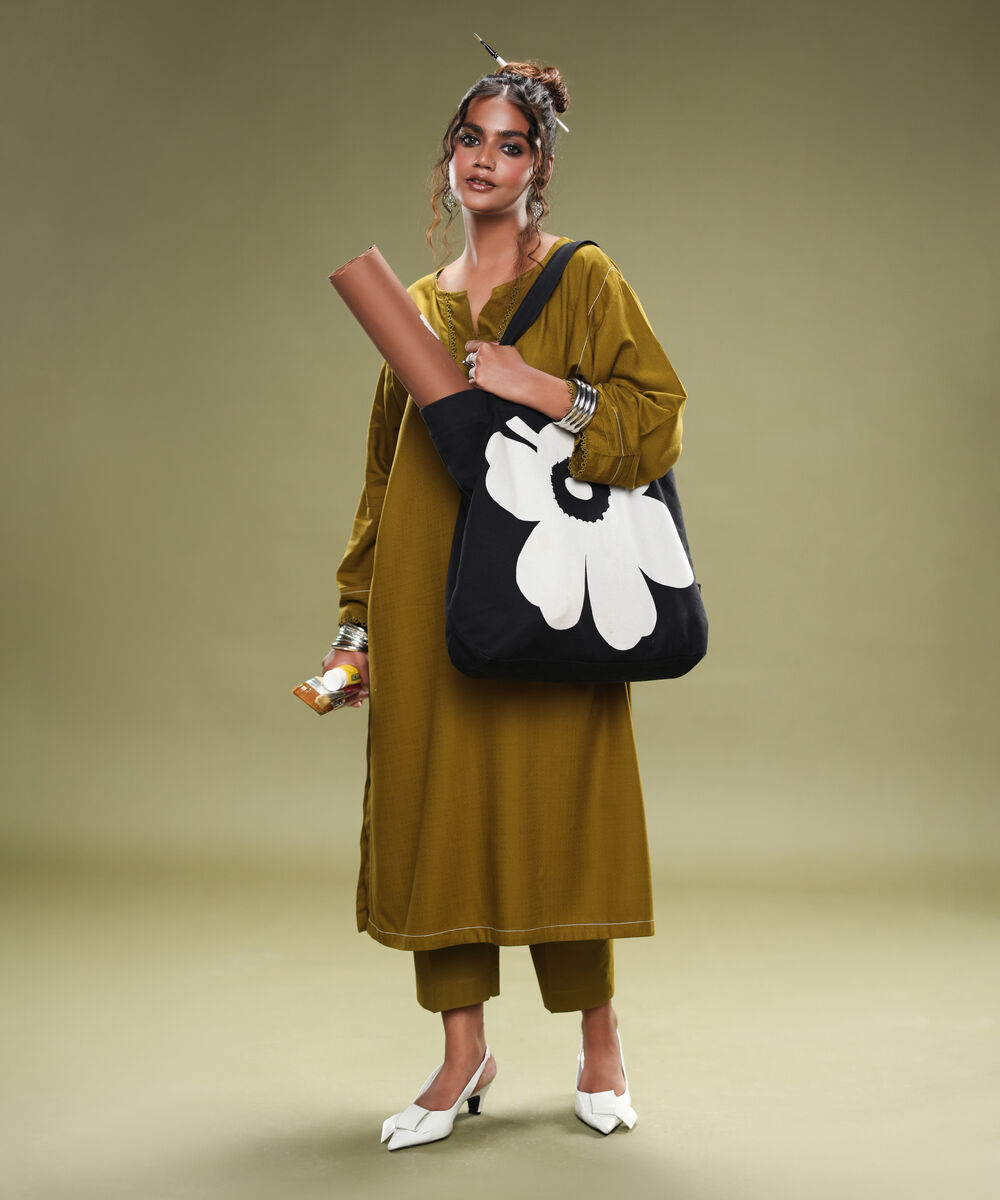 Women's RTW Textured Arabic Green Solid Drop Shoulder Shirt