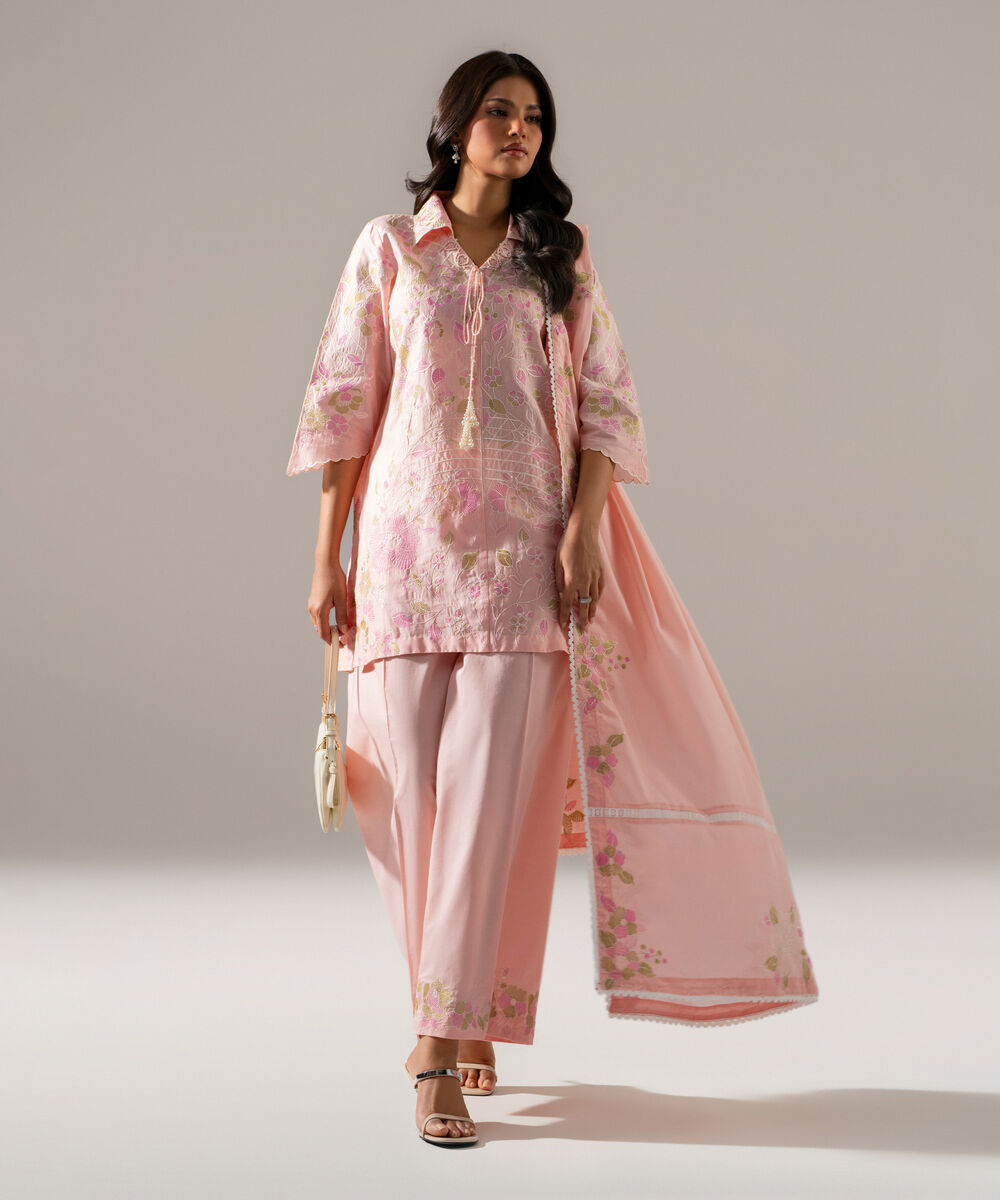 Women's RTW Lawn Solid Embroidered Pink 3 Piece Suit