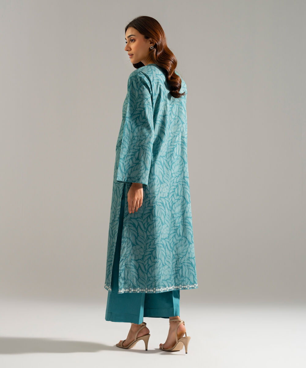 Women's RTW Seersucker Embroidered Green 2 Piece Suit