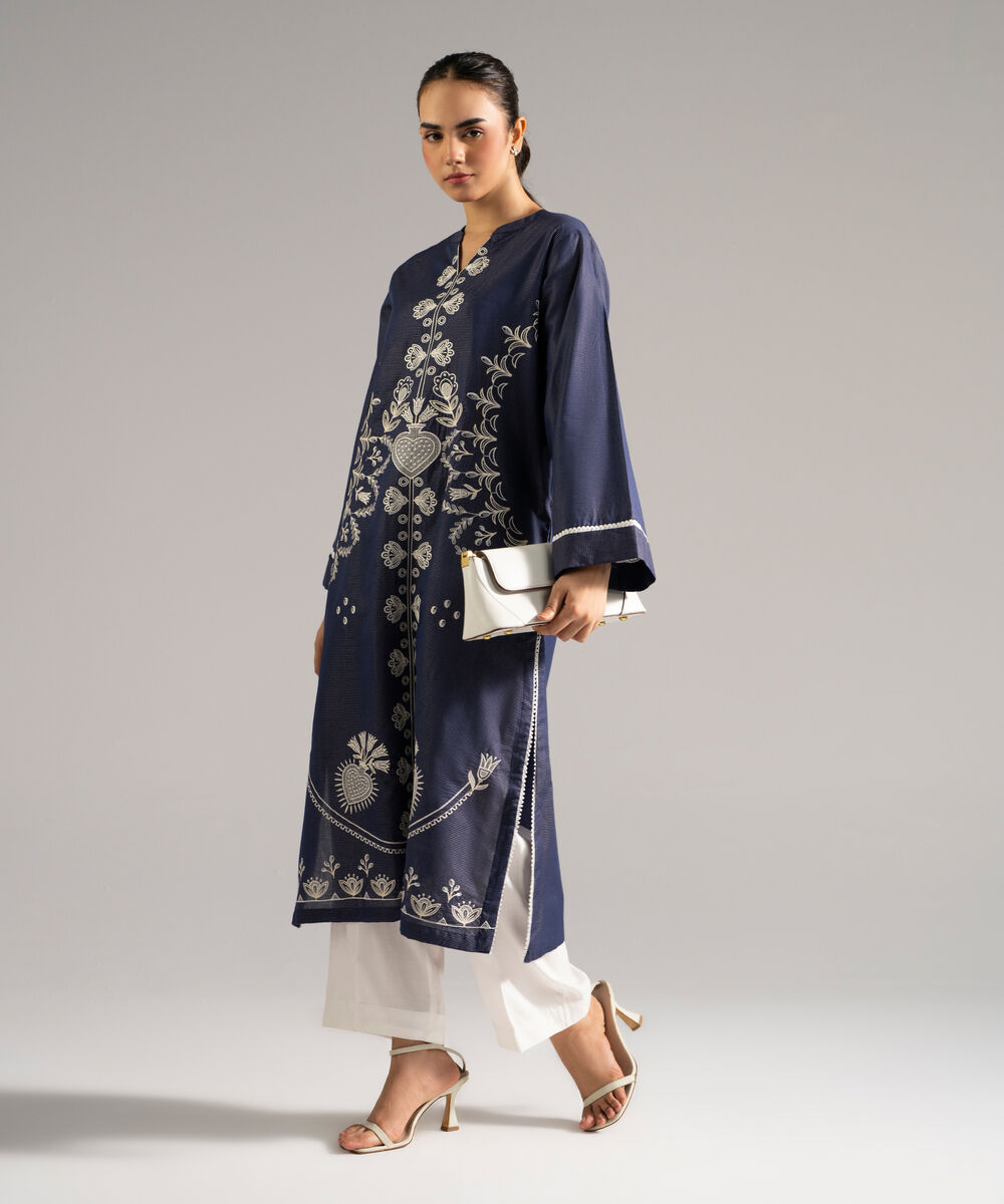Women's RTW Zari Lawn Embroidered Blue Straight Shirt