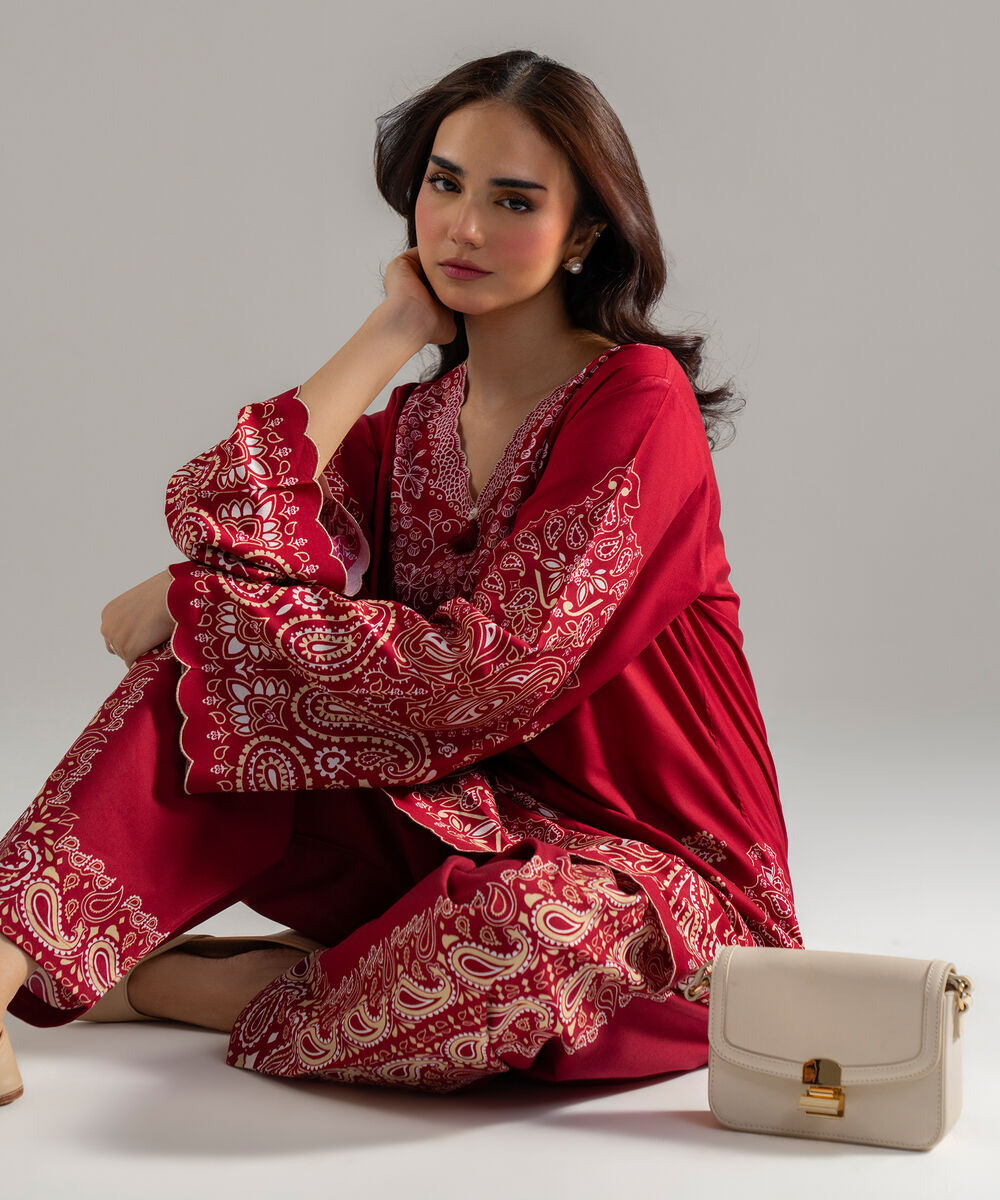 Women's RTW Arabic Lawn Printed Maroon Straight Shirt