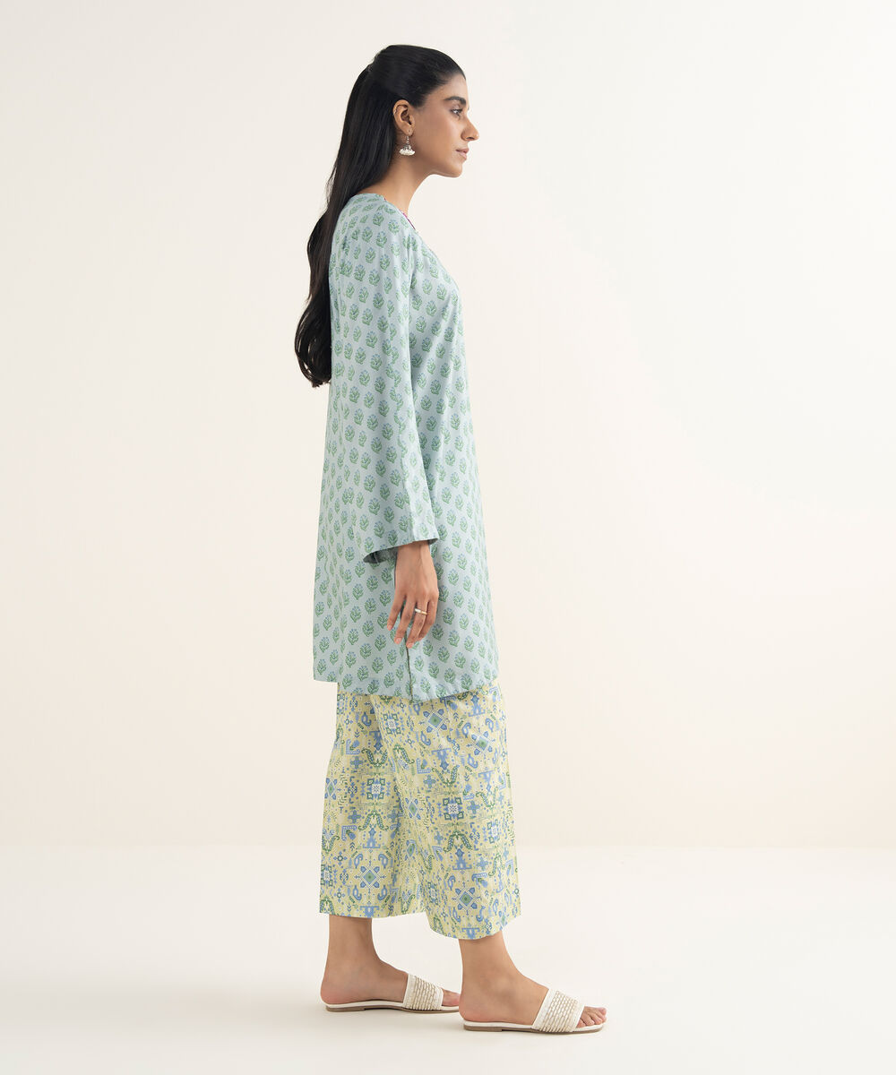 Women's RTW Arabic Lawn Embroidered Straight Blue Shirt