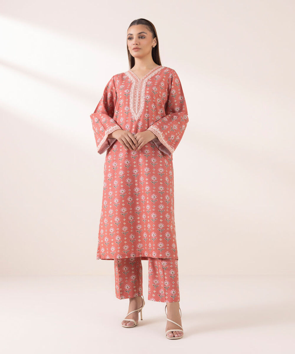 Women's Pret Printed Embroidered Coral Pink Light Khaddar A Line Shirt