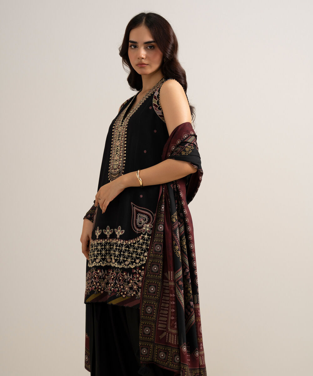 Women's Unstitched Embroidered Linen Black 3 Piece Suit