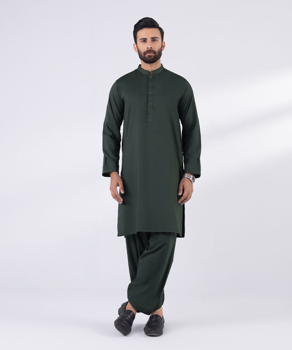 Men's Blended Stitched Plain Green Kurta
