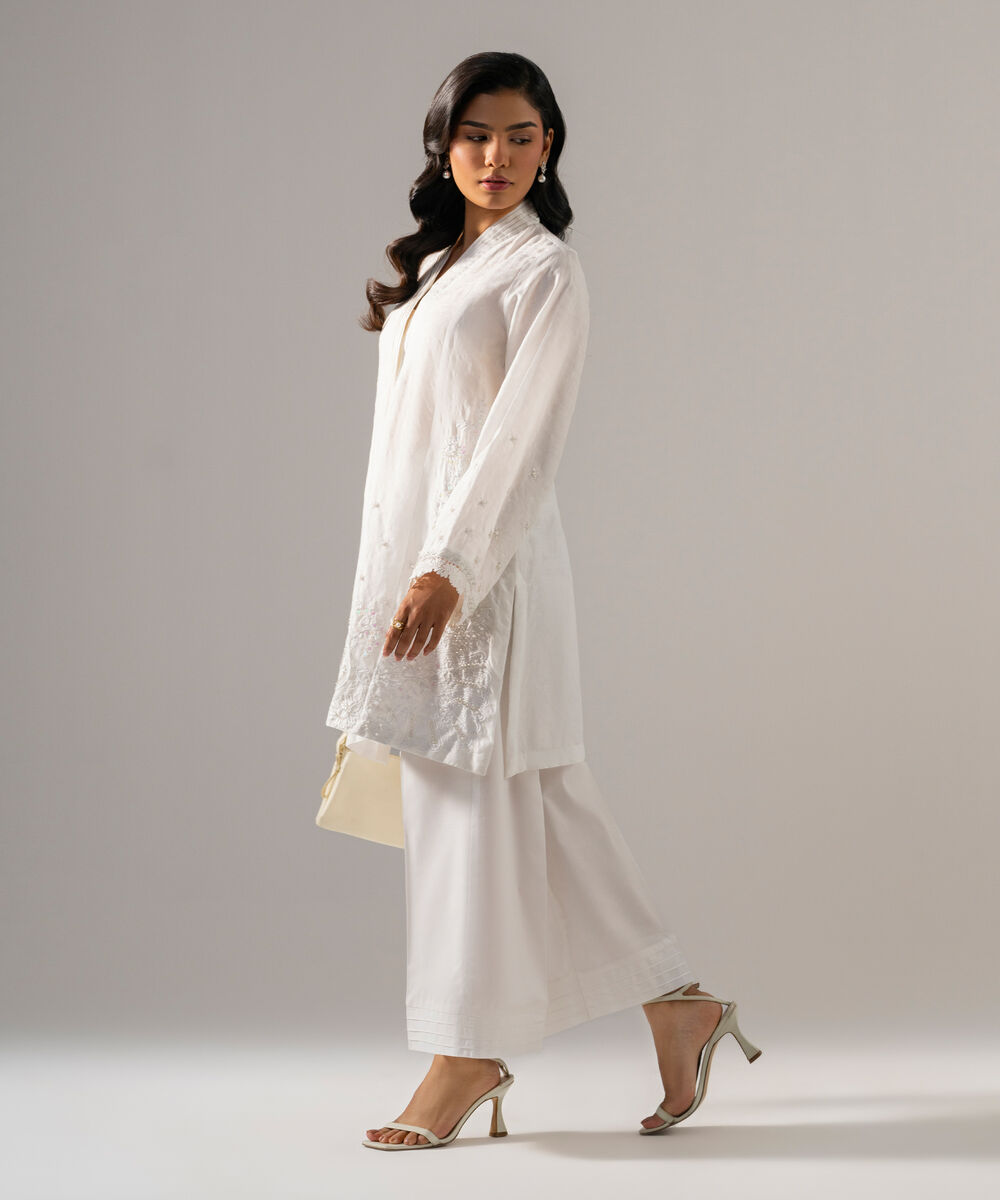 Women's RTW Self Jacquard Solid Embroidered Off White 2 Piece Suit