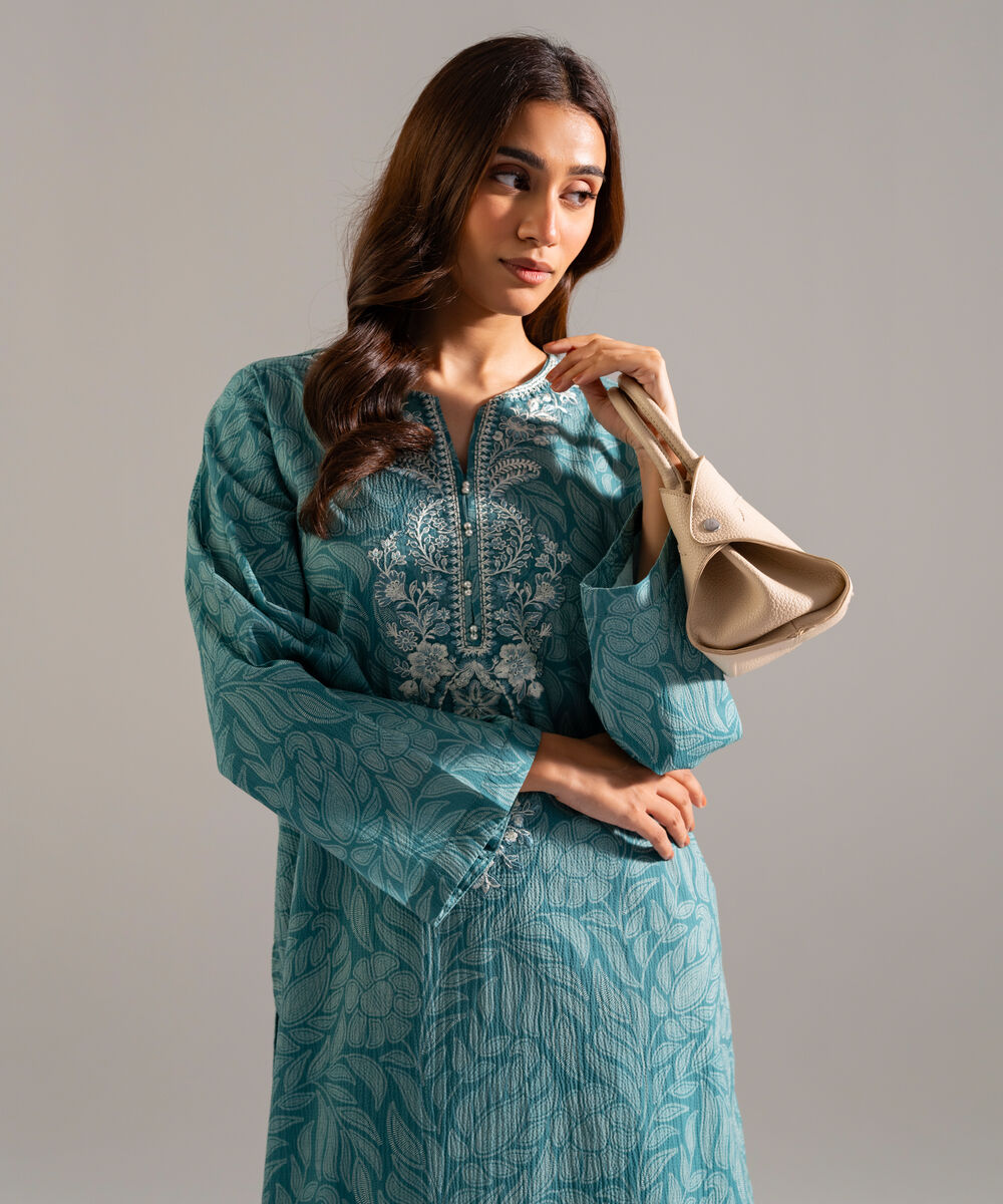 Women's RTW Seersucker Embroidered Green 2 Piece Suit