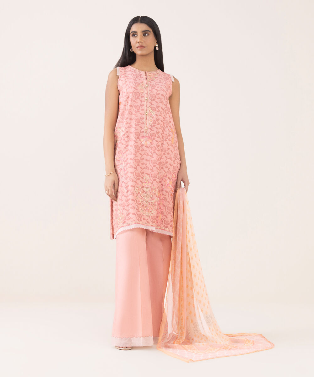 Women's Unstitched Jacquard Embroidered Pink Three Piece Suit