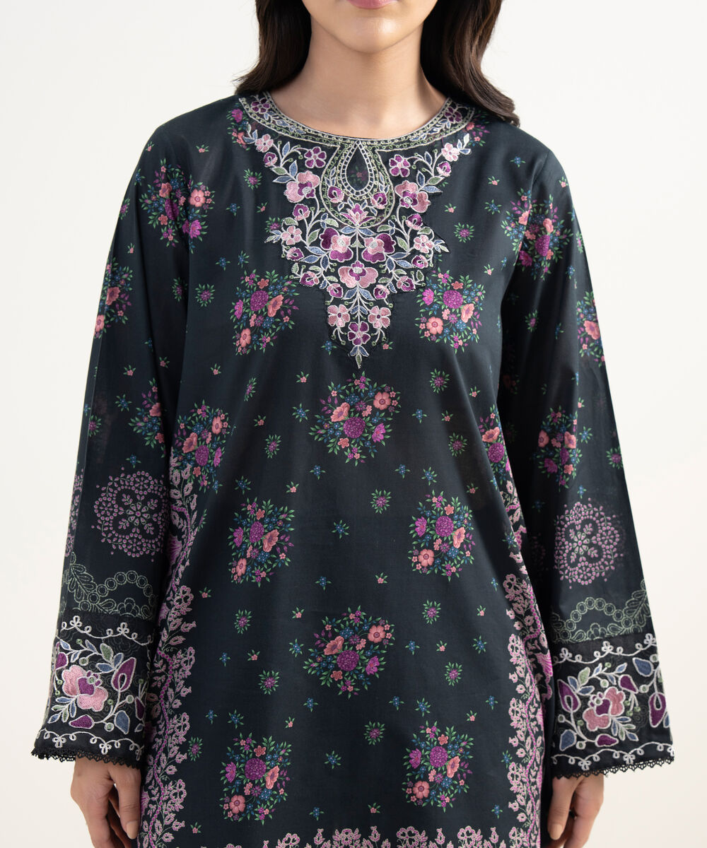 Women's RTW Lawn Embroidered Black Straight Shirt