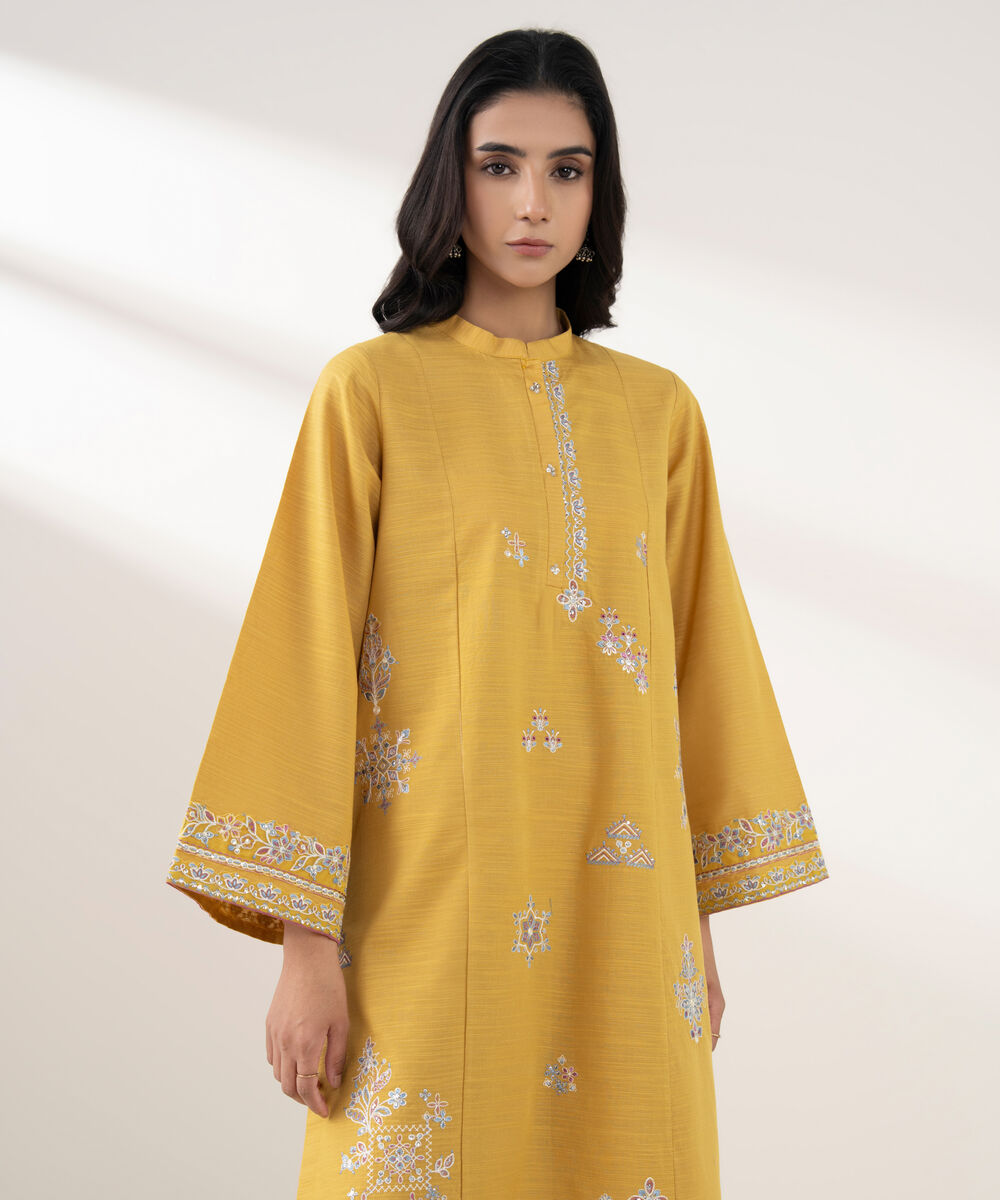 Women's RTW Zari Khaddar Embroidered Yellow 2 Piece Suit