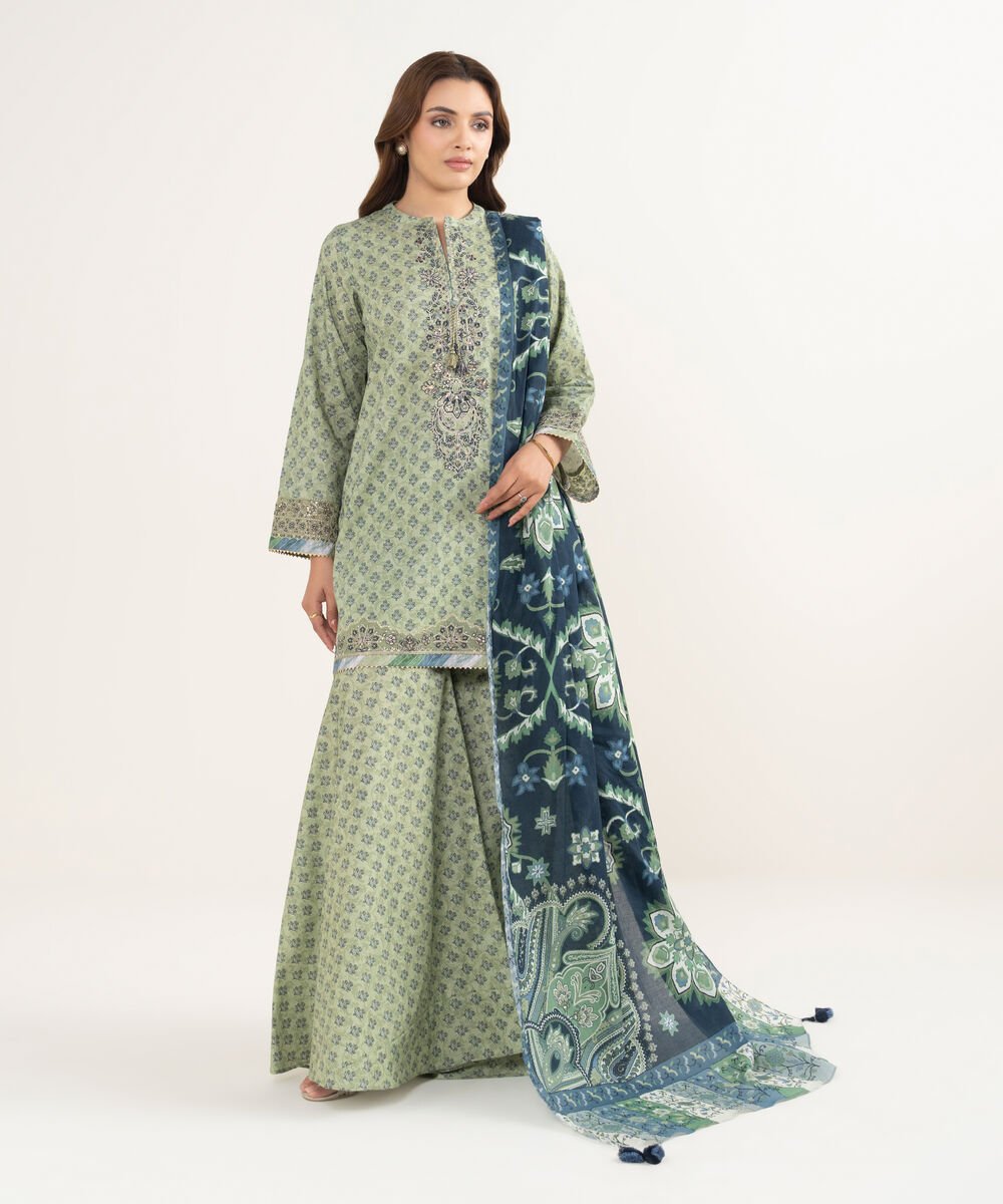 Women's Unstitched Lawn Embroidered Green 3 Piece Suit