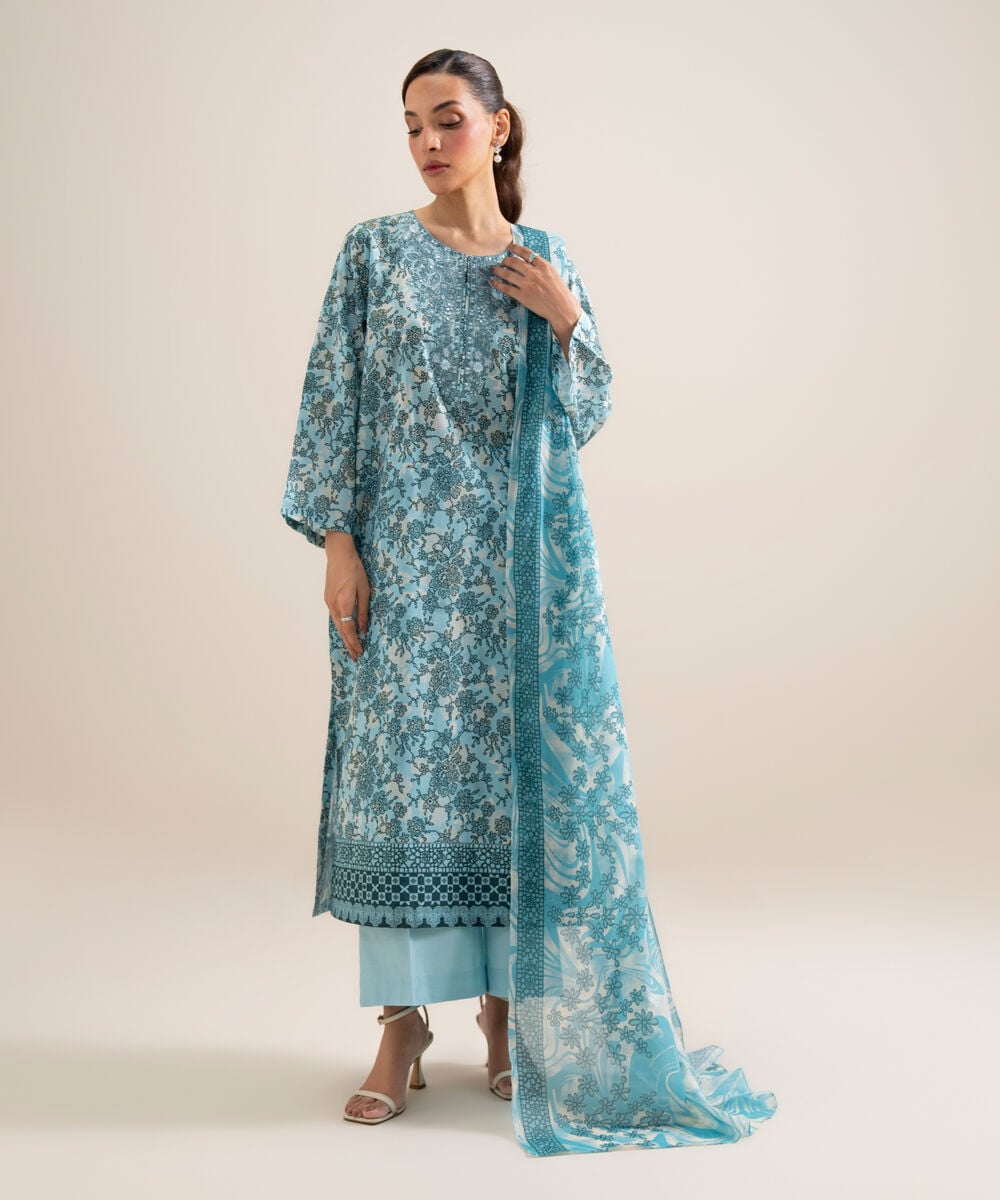 Women's Unstitched Lawn Embroidered Aqua 3 Piece Suit