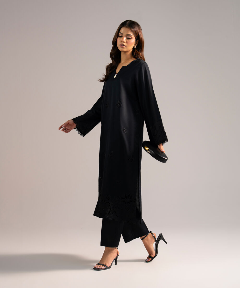 Women's RTW Dobby Embroidered Black 2 Piece Suit