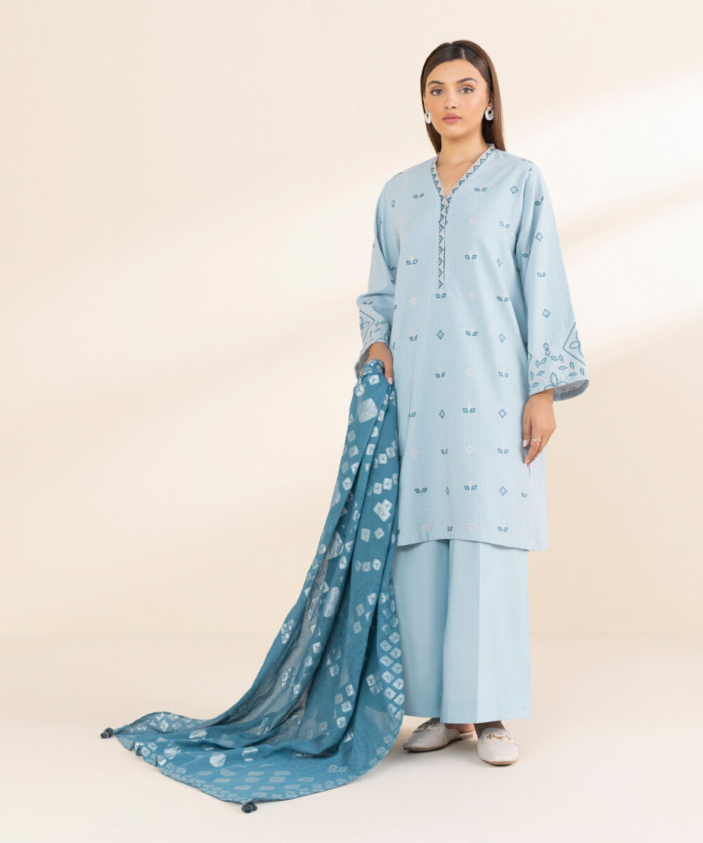 Women's Unstitched Blue Dobby 3 Piece Suit