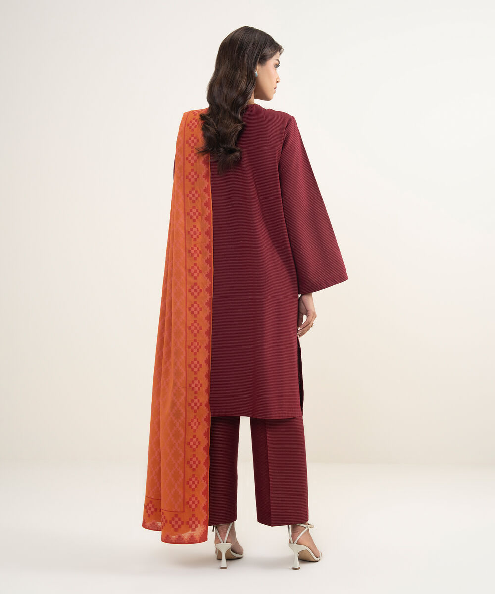 Women's Unstitched Zari Khaddar Maroon  3 Piece Suit