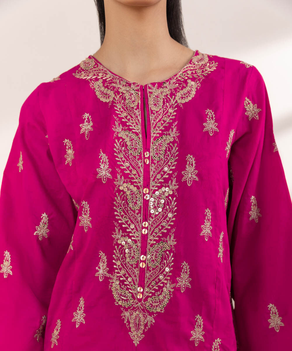 Women's RTW Cotton Jacquard Pink Embroidered A-Line Shirt