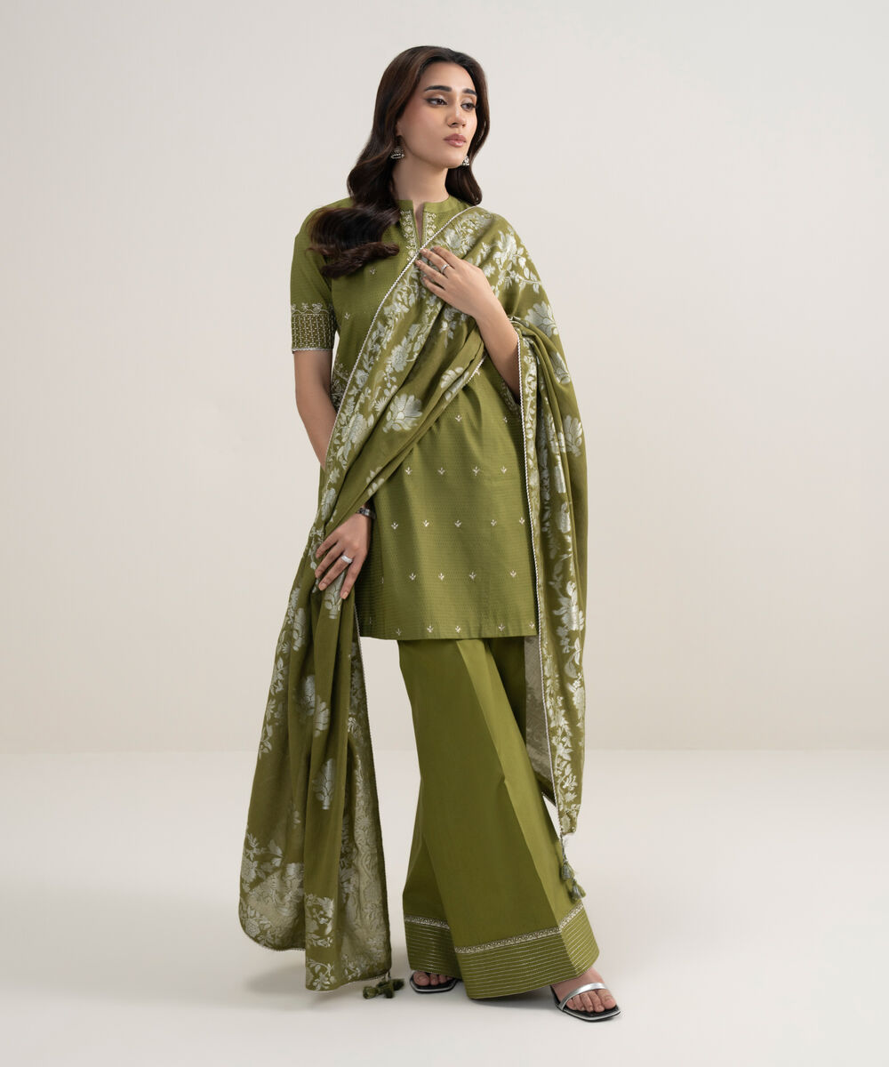 Women's Unstitched Dobby Embroidered Green 3 Piece Suit