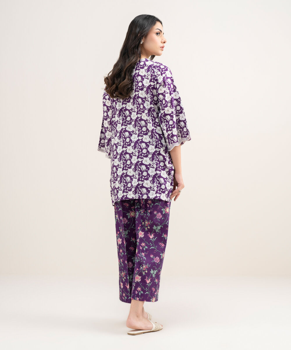 Women's RTW Dobby Embroidered Purple Straight Shirt