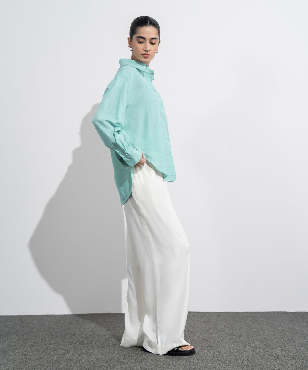 Women's Western Wear Green Loose-Fit Oxford Shirt