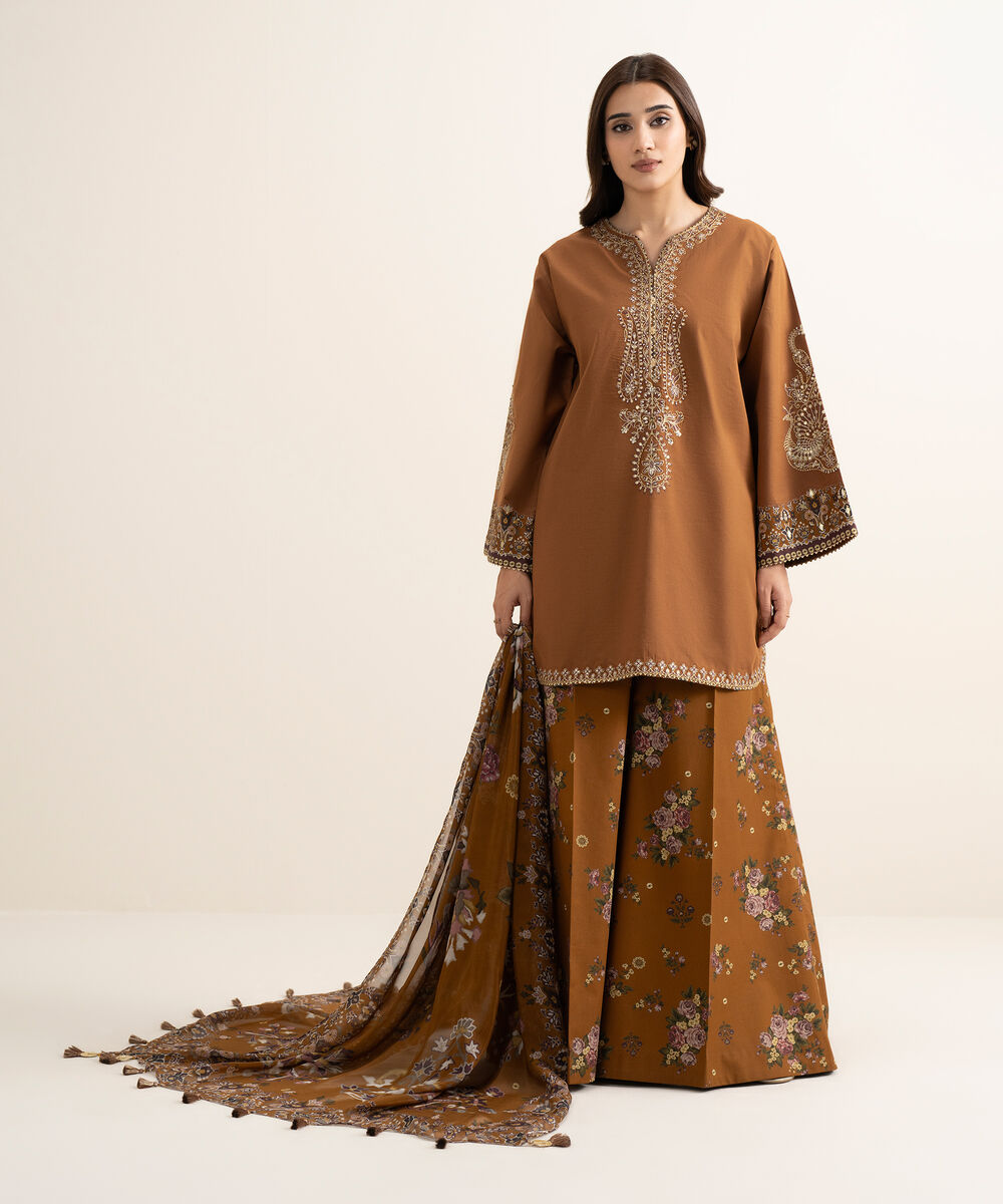 Women's Unstitched Textured Lawn Embroidered Brown 3 Piece Suit