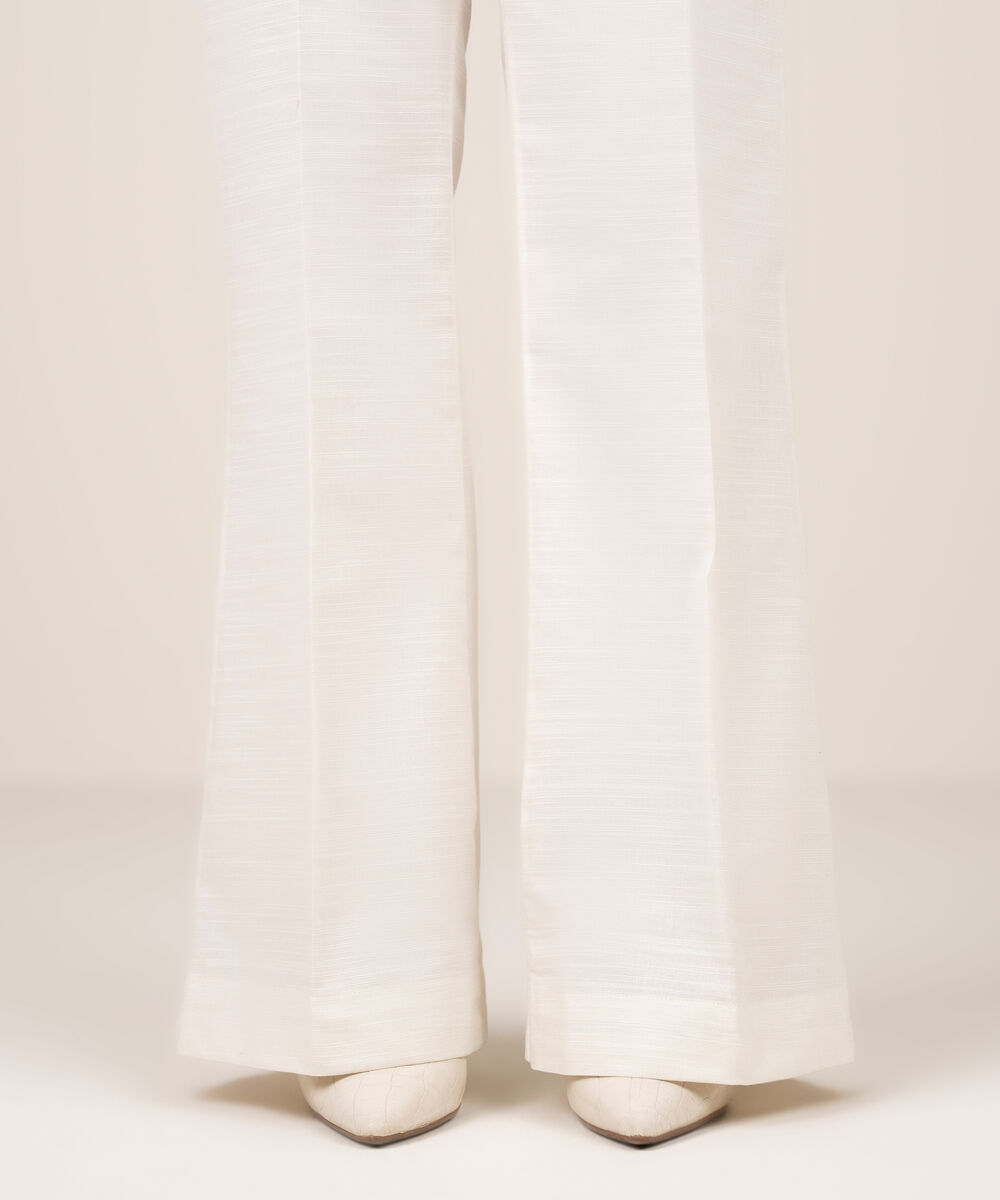 Women's RTW Khaddar Solid Off White Straight Pants