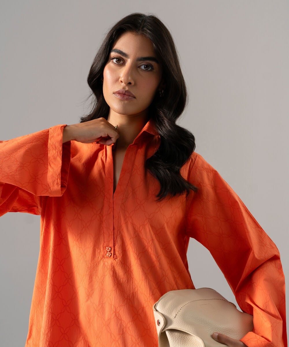 Women's RTW Textured Cotton Solid Orange 2 Piece Suit