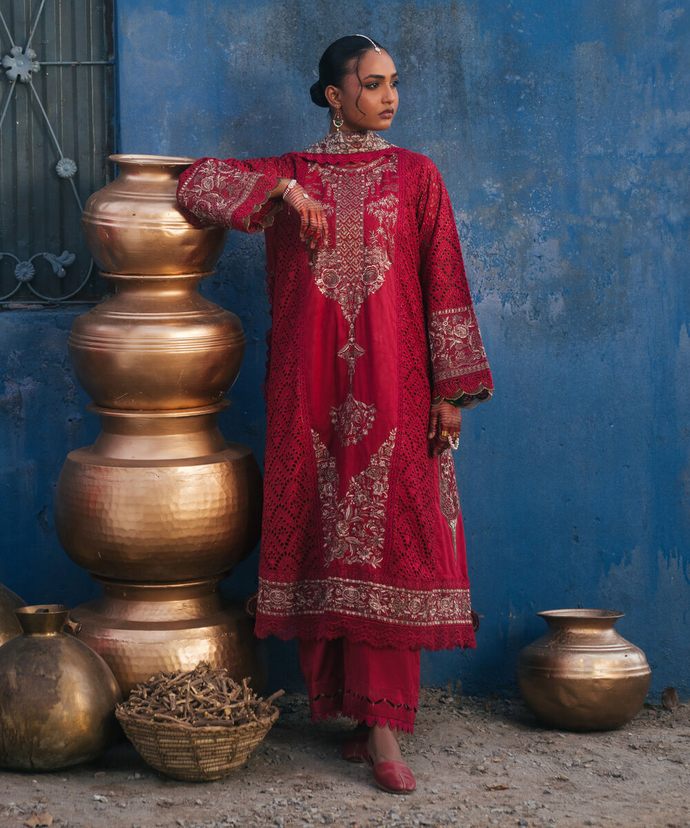 Women's RTW Self Jacquard Embroidered Maroon 3 Piece Suit