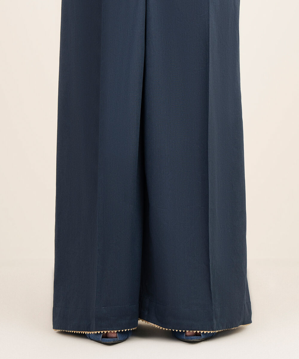 Women's RTW Cotton Viscose Solid Blue Flared Pants