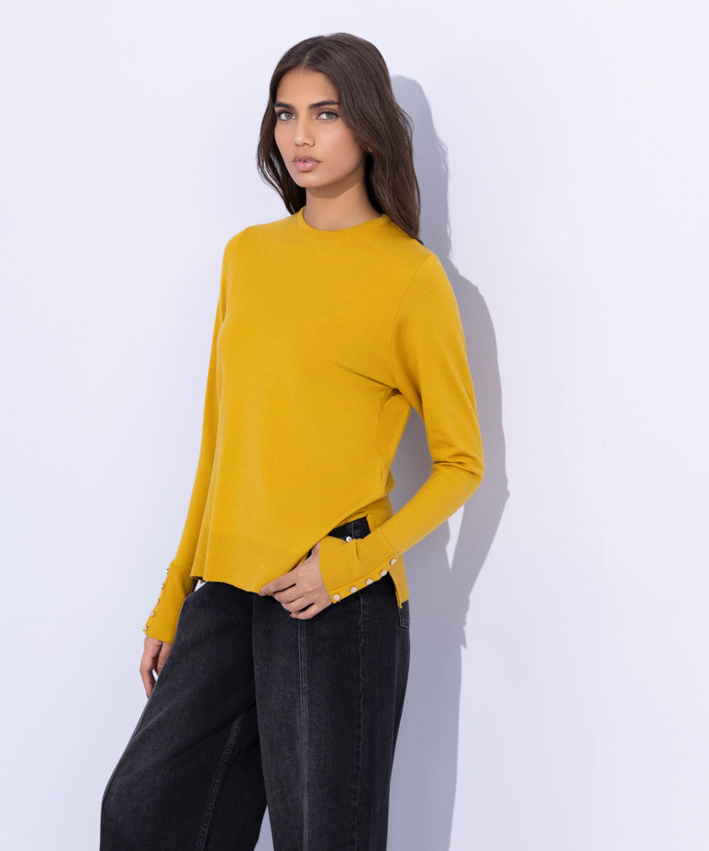 Lightweight Sweater with Gold Buttons Woman - Yellow Lightweight Sweater with Gold Buttons
