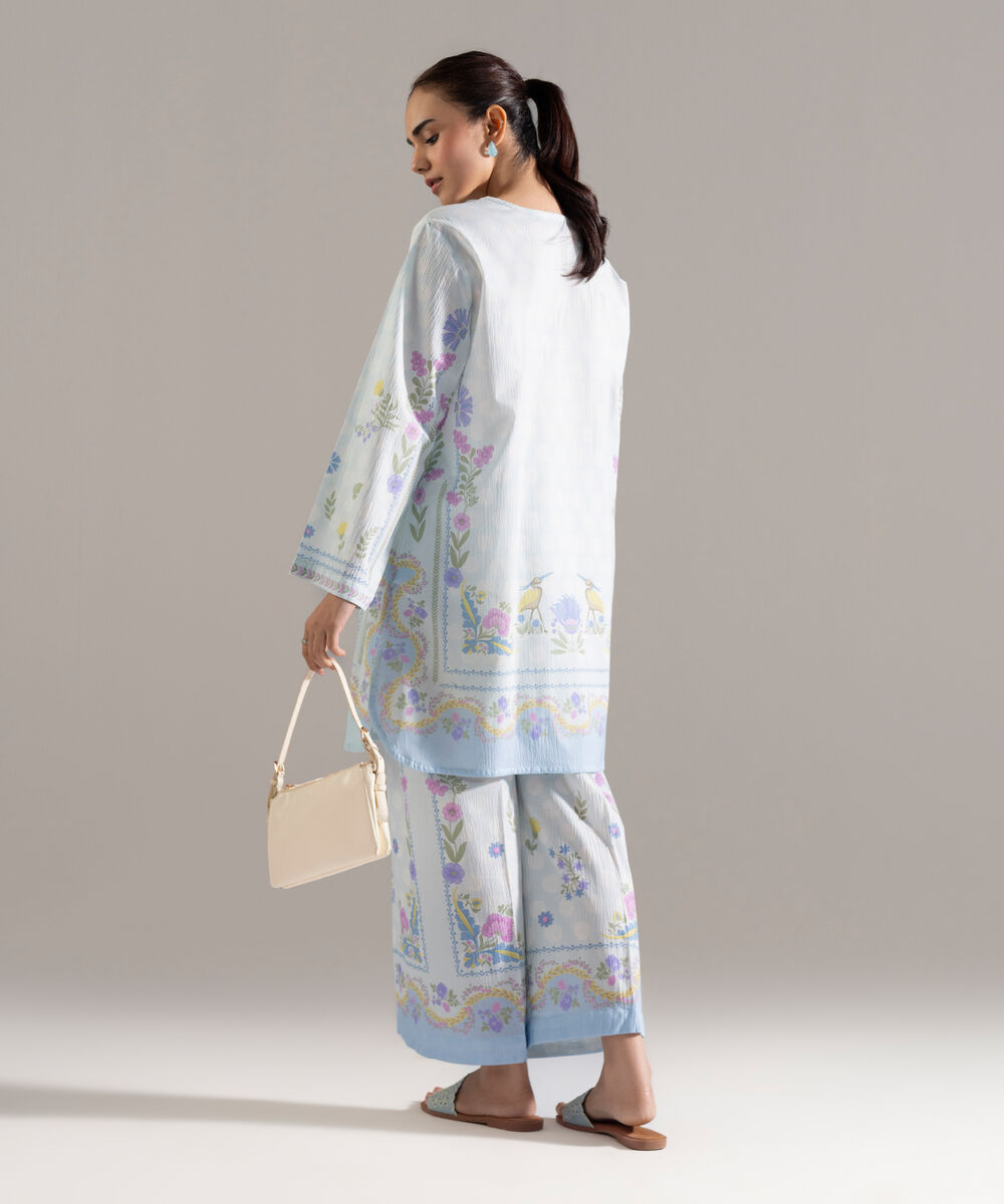 Women's RTW Seersucker Printed Ice Blue 2 Piece Suit