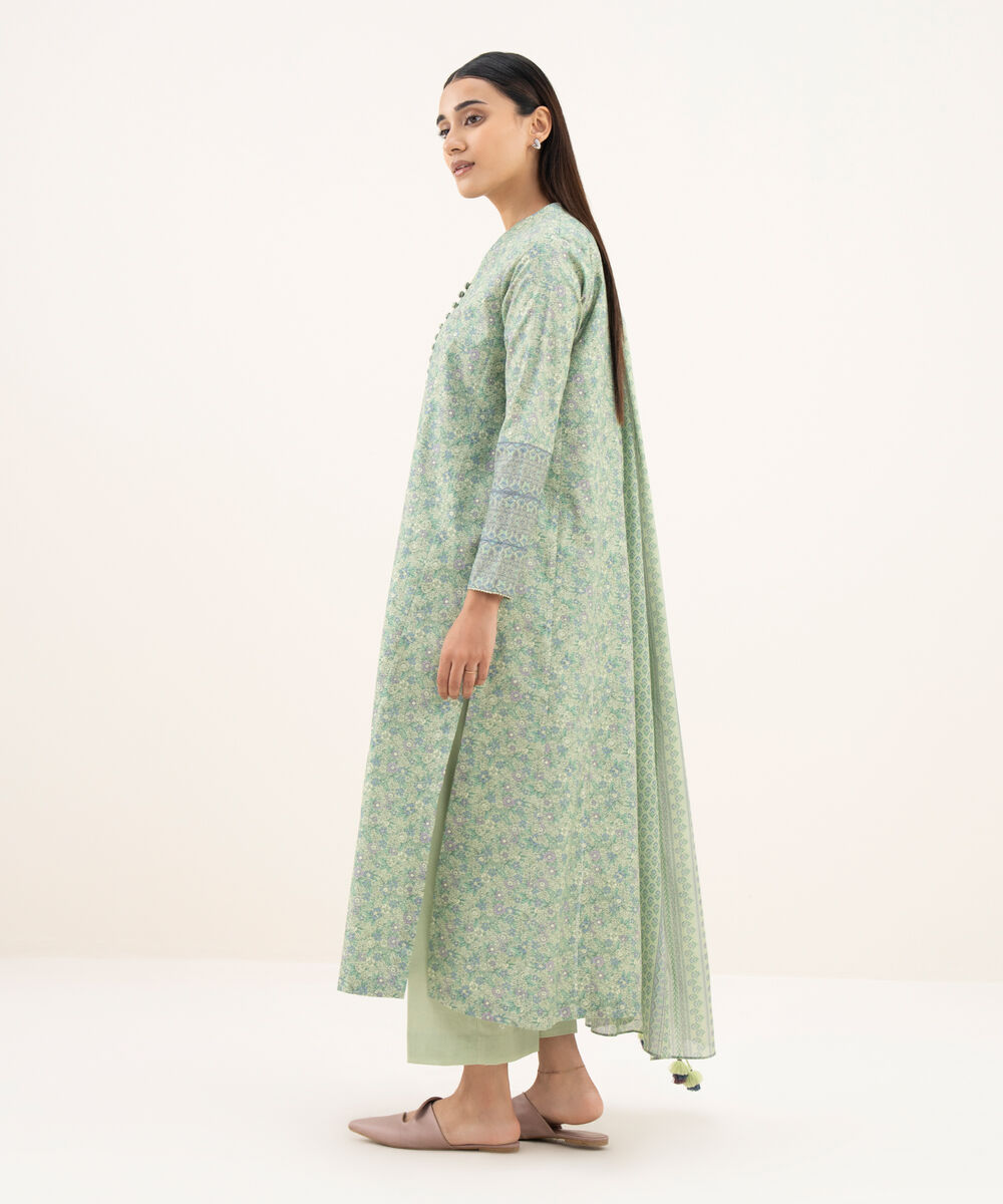 Women's Unstitched Cotton Printed Green 3 Piece Suit