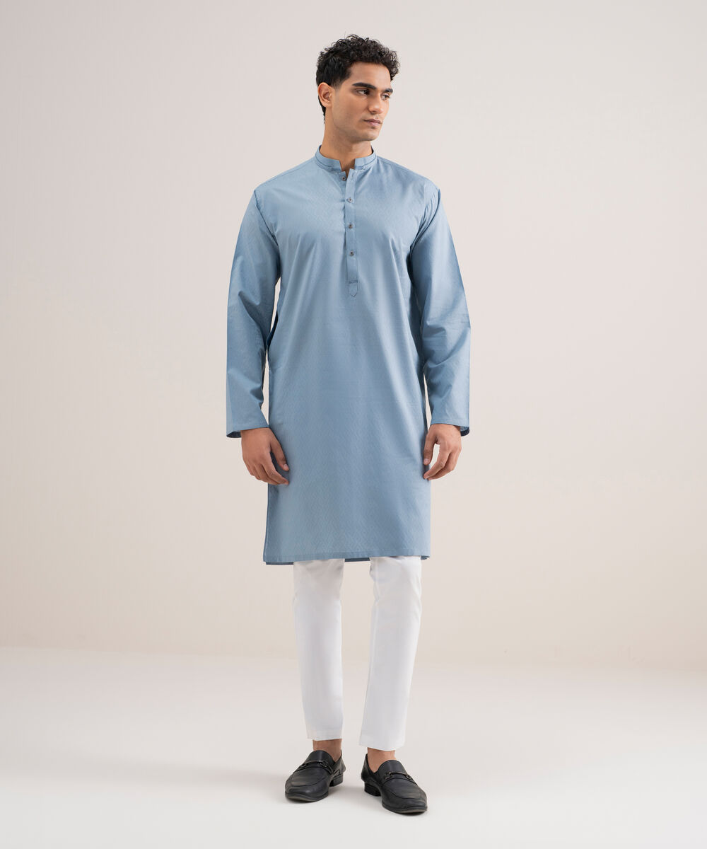 Men's Stitched Cotton Jacquard Blue Grey Kurta