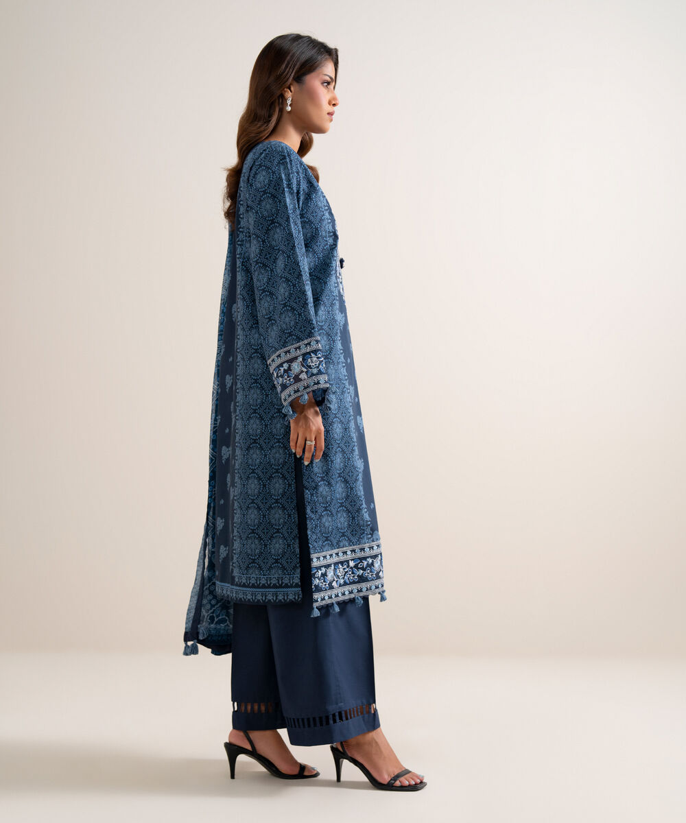 Women's Unstitched Lawn Embroidered Blue 3 Piece Suit