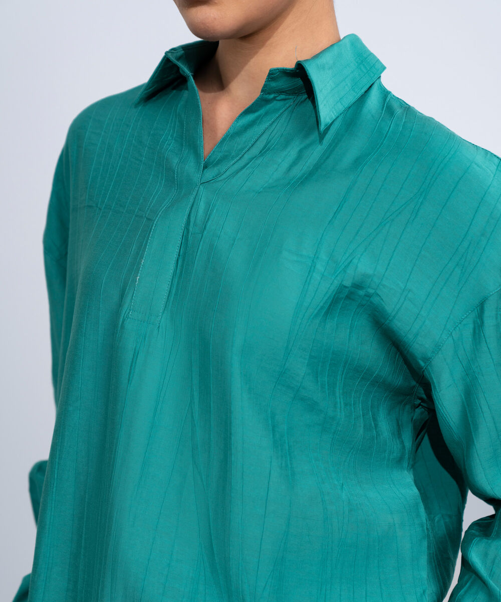 Women's Western Teal Green Textured V-Neck Top