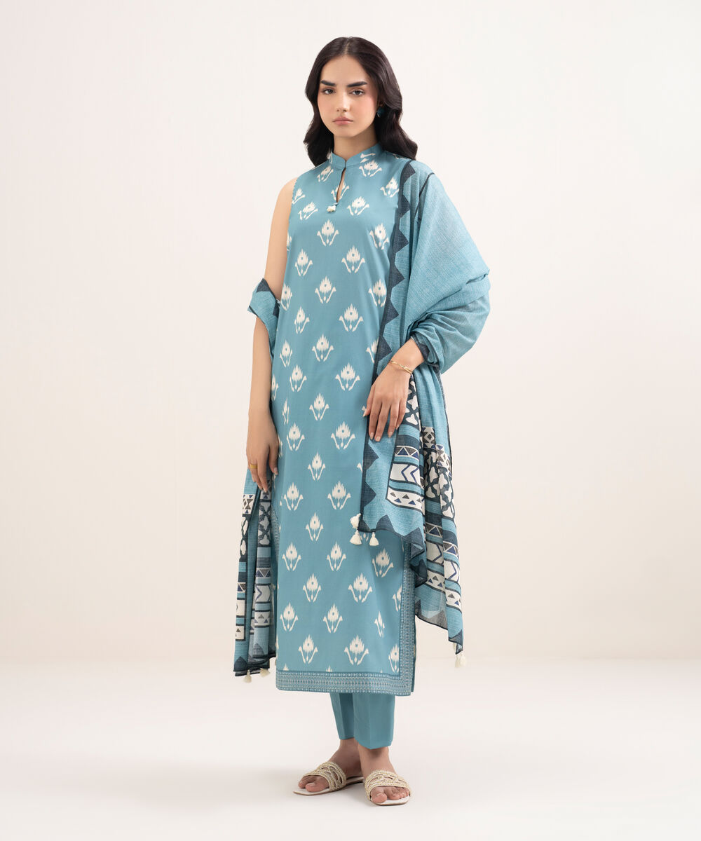 Women's Unstitched Lawn Printed Blue 3 Piece Suit
